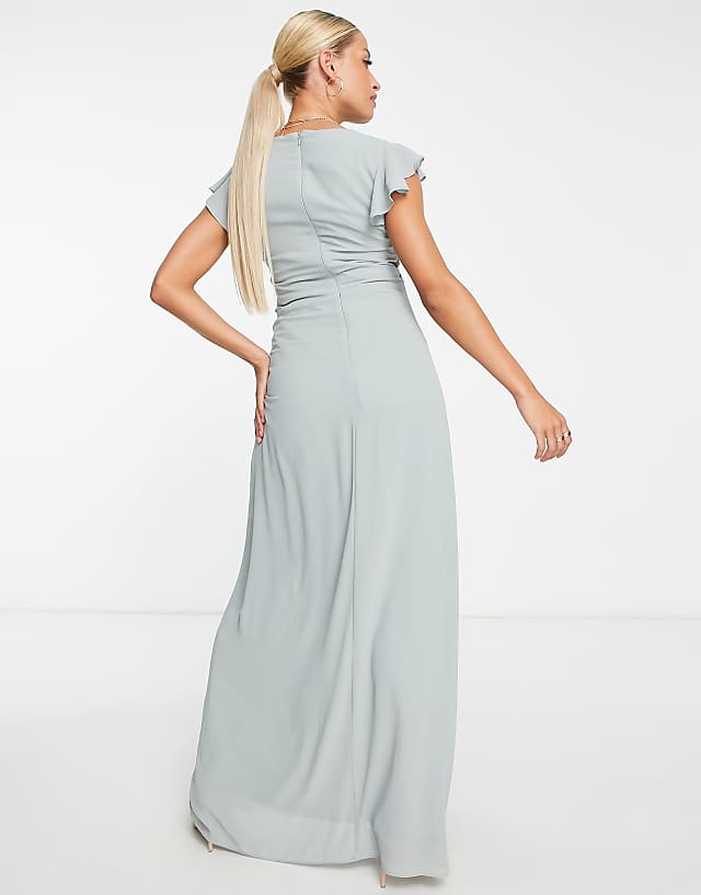 Asos TFNC Maternity Bridesmaid Flutter Sleeve Ruffle Detail Maxi Dress In Sage