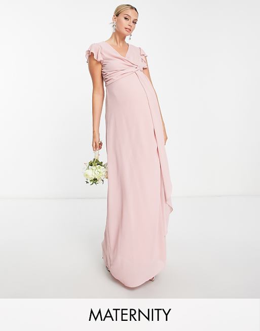 asos TFNC Maternity Bridesmaid flutter sleeve ruffle detail maxi dress in blush