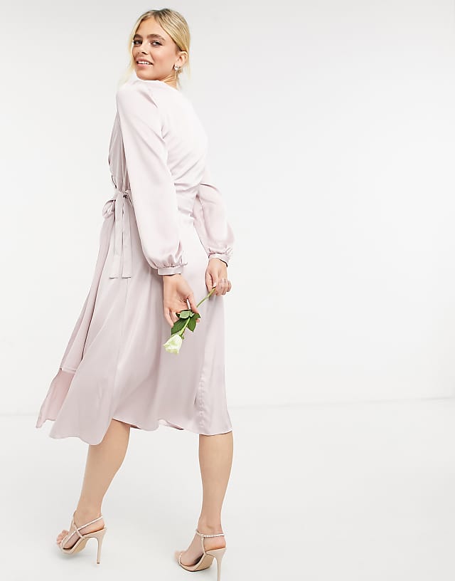 Asos TFNC Maternity Bridesmaid Satin Long Sleeve Wrap Front Midi Dress In Mink