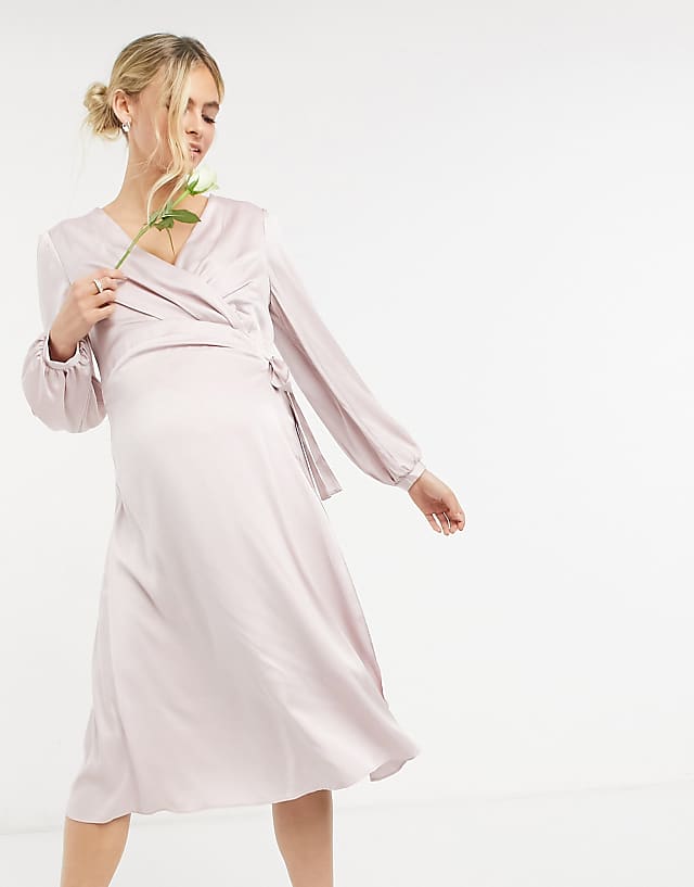 Asos TFNC Maternity Bridesmaid Satin Long Sleeve Wrap Front Midi Dress In Mink