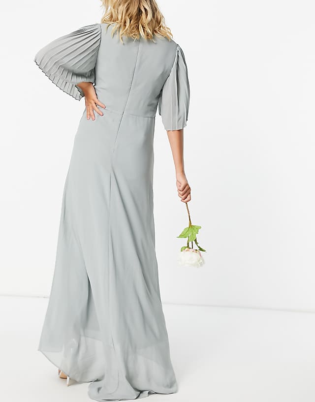 Asos TFNC Maternity Bridesmaid Sweetheart Neck Flutter Sleeve Maxi Dress In Sage
