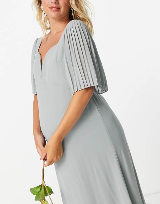 Asos TFNC Maternity Bridesmaid Sweetheart Neck Flutter Sleeve Maxi Dress In Sage