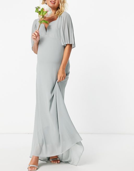 Asos TFNC Maternity Bridesmaid Sweetheart Neck Flutter Sleeve Maxi Dress In Sage