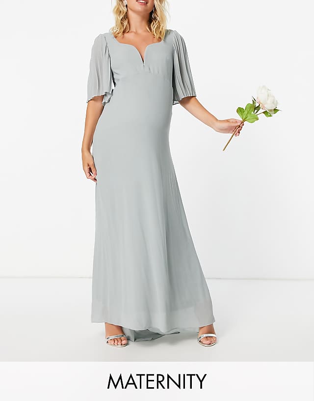 asos TFNC Maternity bridesmaid sweetheart neck flutter sleeve maxi dress in sage