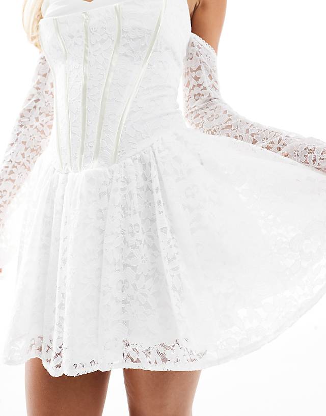 Asos TFNC Petite Bridal Corset Mini Dress With Lace Sleeves In White