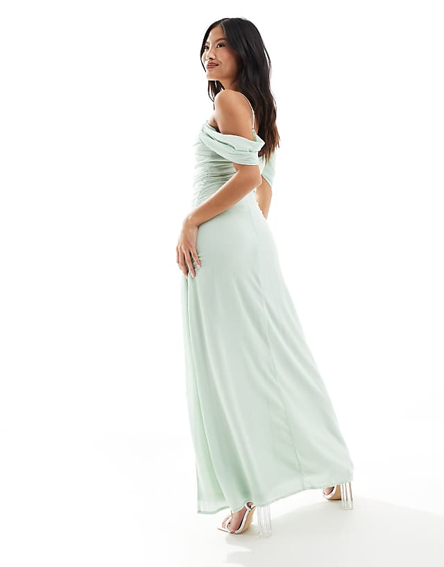 Asos TFNC Petite Bridesmaid Chiffon Cold Shoulder Maxi Dress In Fresh Mint