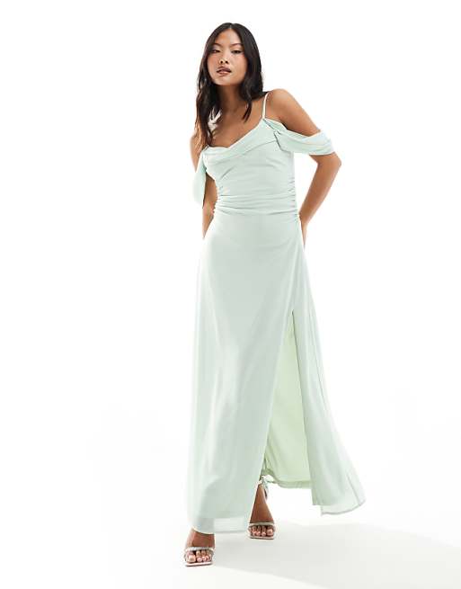 Asos TFNC Petite Bridesmaid Chiffon Cold Shoulder Maxi Dress In Fresh Mint