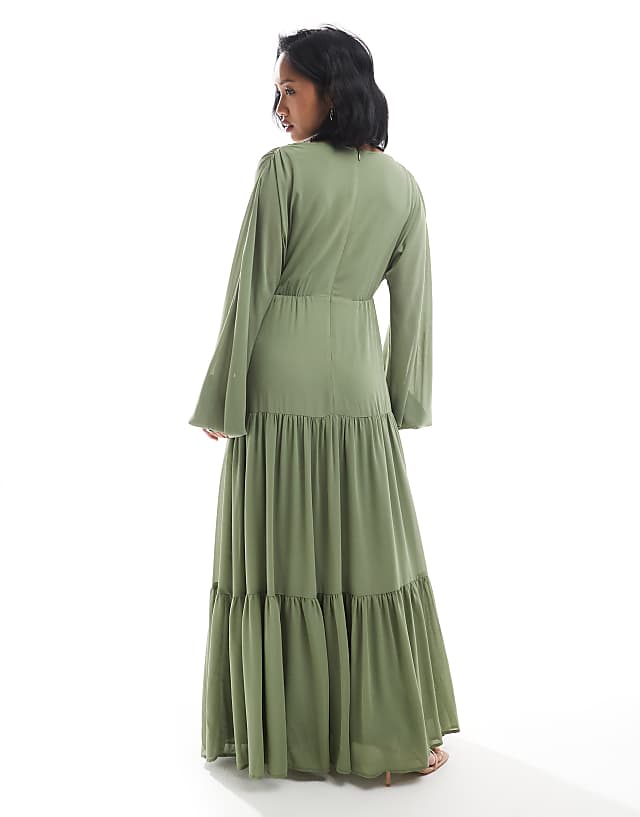 Asos TFNC Petite Bridesmaid Chiffon Maxi Dress With Tiered Skirt In Sage
