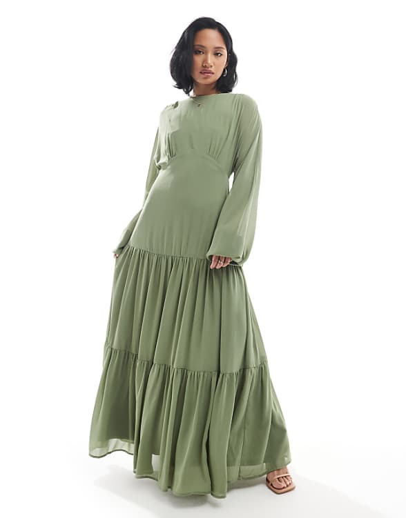 asos TFNC Petite Bridesmaid chiffon maxi dress with tiered skirt in sage