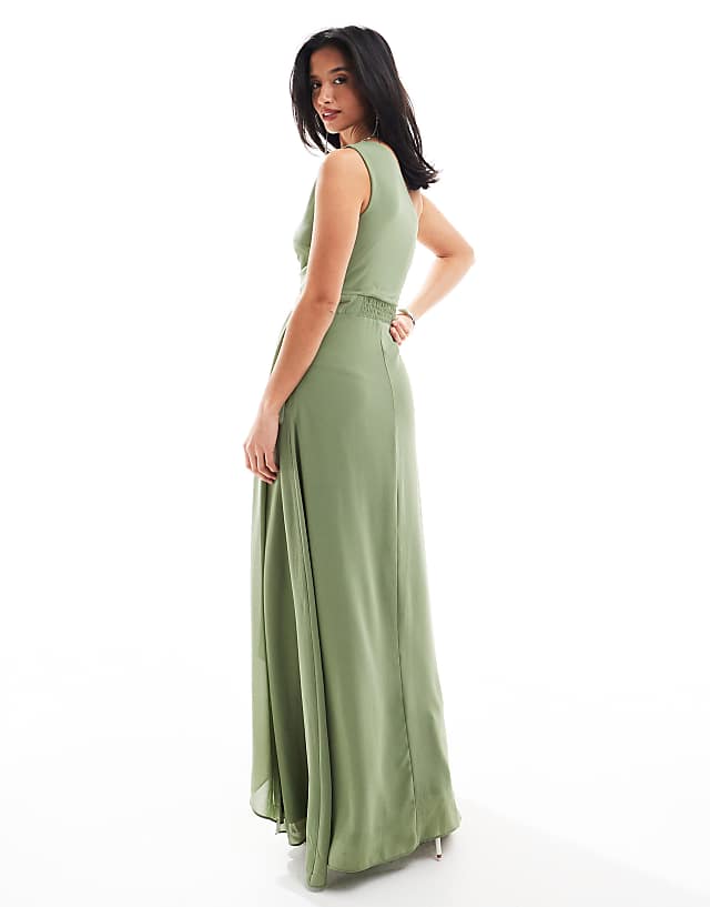 Asos TFNC Petite Bridesmaid Chiffon Maxi Dress With Wrap Skirt In Dark Green