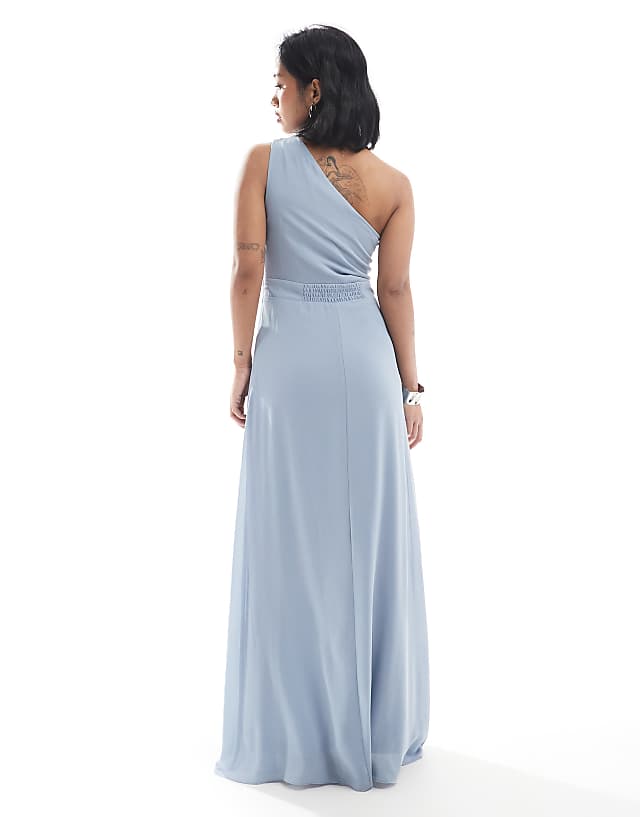 Asos TFNC Petite Bridesmaid Chiffon Maxi Dress With Wrap Skirt In Dusty Blue