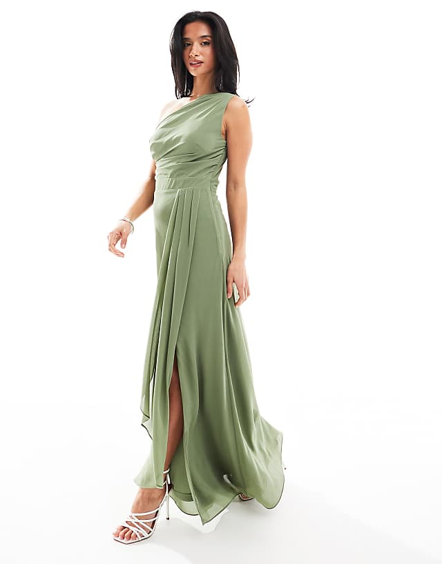 asos TFNC Petite Bridesmaid chiffon maxi dress with wrap skirt in dark green