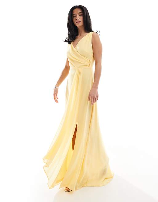 Asos TFNC Petite Bridesmaid Chiffon Wrap Front Maxi Dress With Wrap Skirt In Lemon