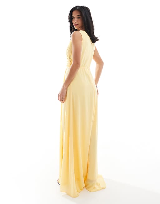 Asos TFNC Petite Bridesmaid Chiffon Wrap Front Maxi Dress With Wrap Skirt In Lemon