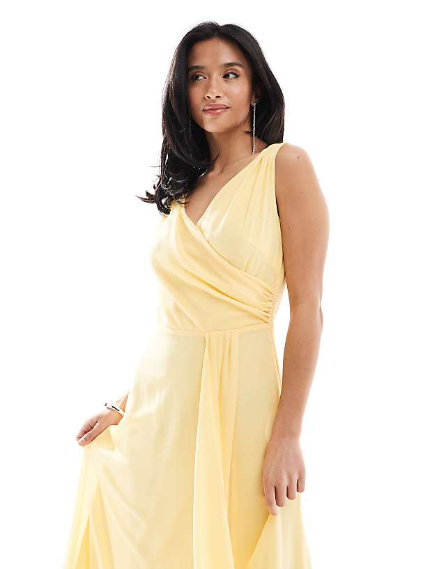 Asos TFNC Petite Bridesmaid Chiffon Wrap Front Maxi Dress With Wrap Skirt In Lemon