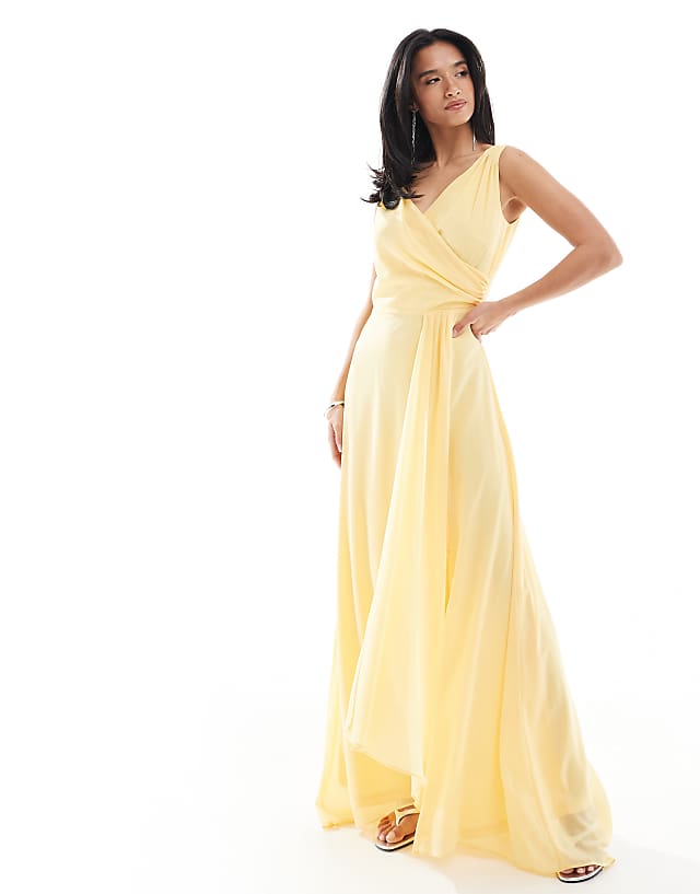 asos TFNC Petite Bridesmaid chiffon wrap front maxi dress with wrap skirt in lemon