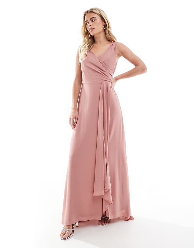 asos TFNC Petite Bridesmaid chiffon wrap front maxi dress with wrap skirt in dusky pink