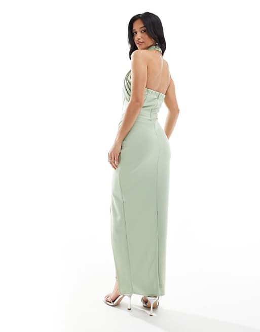 Asos TFNC Petite Bridesmaid Cross Front Maxi Dress With Twist Detail In Sage Green