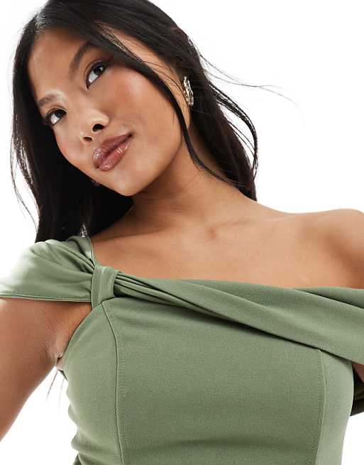 Asos TFNC Petite Bridesmaid Fallen Shoulder Maxi Dress With Split In Dark Green