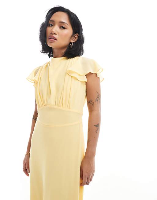 Asos TFNC Petite Bridesmaid Flutter Sleeve Cowl Back Chiffon Maxi Dress In Lemon