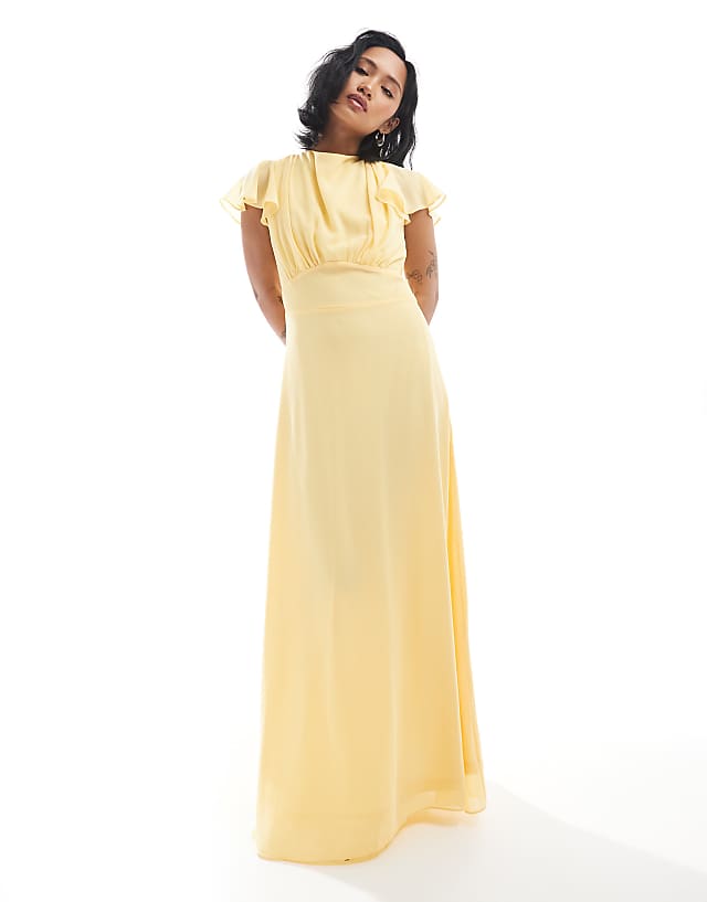 Asos TFNC Petite Bridesmaid Flutter Sleeve Cowl Back Chiffon Maxi Dress In Lemon