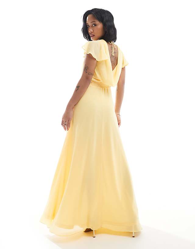 asos TFNC Petite Bridesmaid flutter sleeve cowl back chiffon maxi dress in lemon