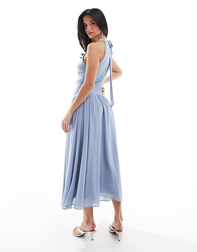 Asos TFNC Petite Bridesmaid High Neck Maxi Dress With Full Skirt In Dusty Blue
