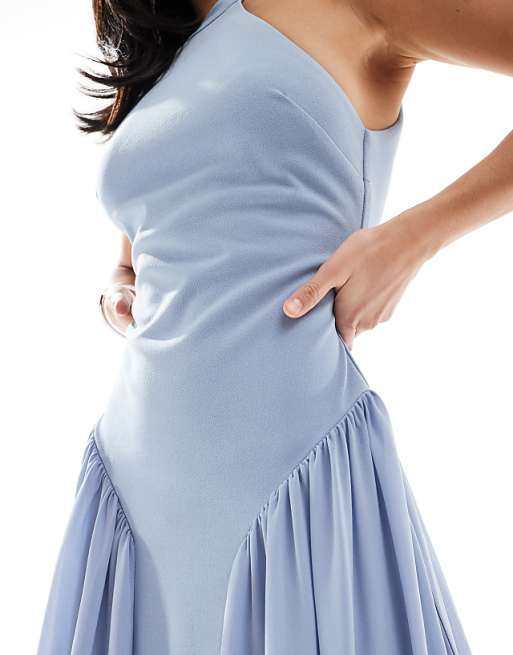 Asos TFNC Petite Bridesmaid High Neck Maxi Dress With Full Skirt In Dusty Blue