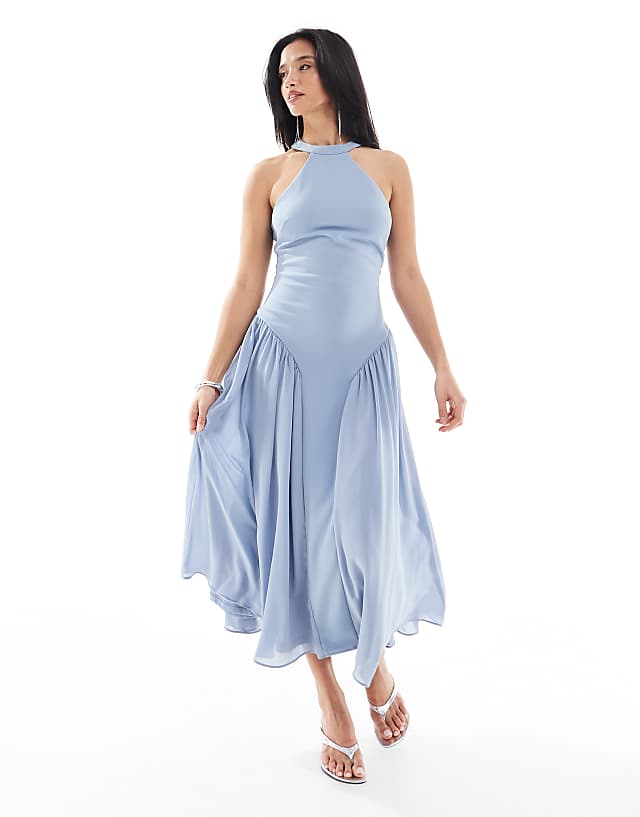 asos TFNC Petite Bridesmaid high neck maxi dress with full skirt in dusty blue