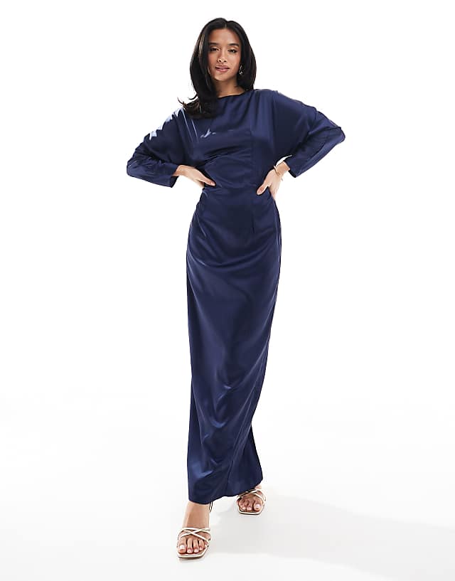 Asos TFNC Petite Bridesmaid Long Sleeve Satin Cowl Back Maxi Dress In Navy