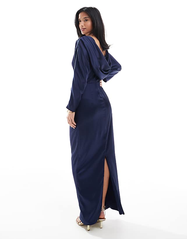asos TFNC Petite Bridesmaid long sleeve satin cowl back maxi dress in navy