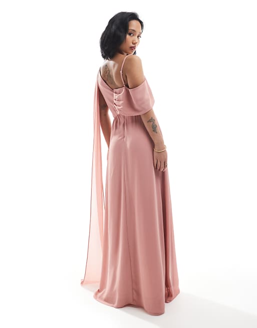 Asos TFNC Petite Bridesmaid One Shoulder Drape Maxi Dress With Wrap Skirt In Dusky Pink