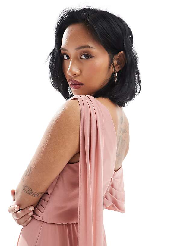 Asos TFNC Petite Bridesmaid One Shoulder Drape Maxi Dress With Wrap Skirt In Dusky Pink