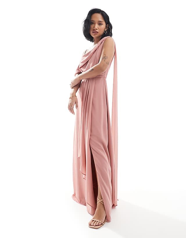 asos TFNC Petite Bridesmaid one shoulder drape maxi dress with wrap skirt in dusky pink