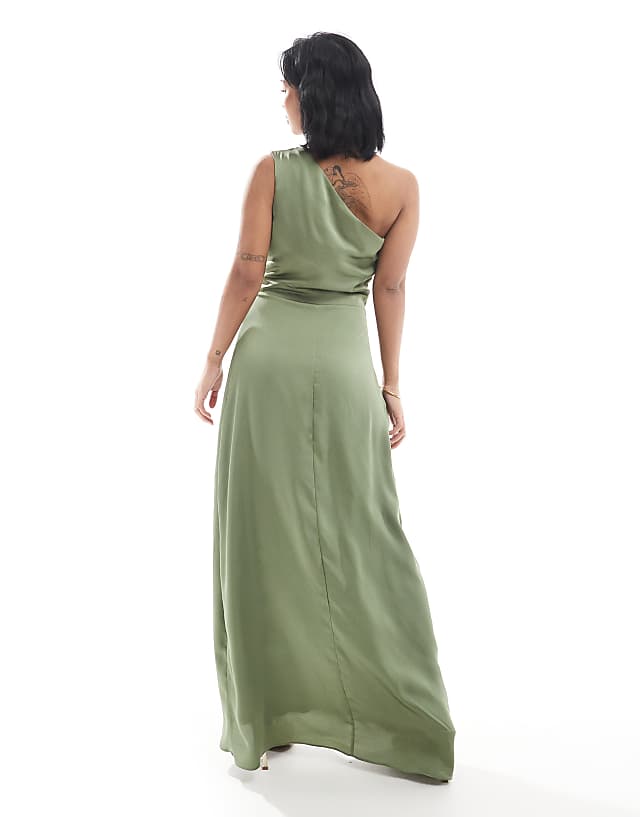 Asos TFNC Petite Bridesmaid One Shoulder Satin Maxi Dress With Wrap Skirt In Dark Green