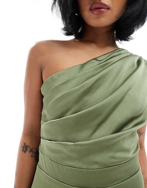 Asos TFNC Petite Bridesmaid One Shoulder Satin Maxi Dress With Wrap Skirt In Dark Green