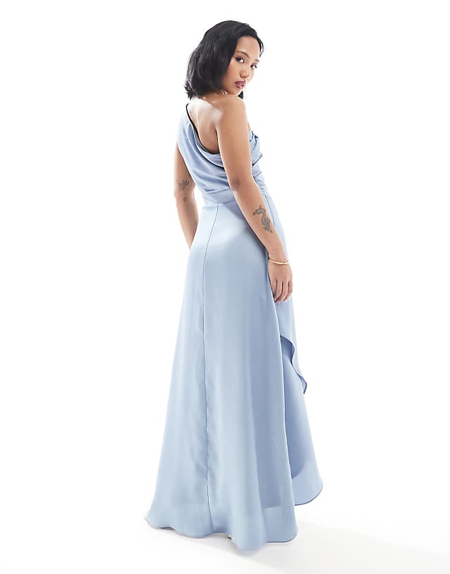 Asos TFNC Petite Bridesmaid One Shoulder Satin Maxi Dress With Wrap Skirt In Dusty Blue