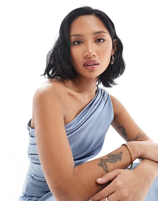 Asos TFNC Petite Bridesmaid One Shoulder Satin Maxi Dress With Wrap Skirt In Dusty Blue