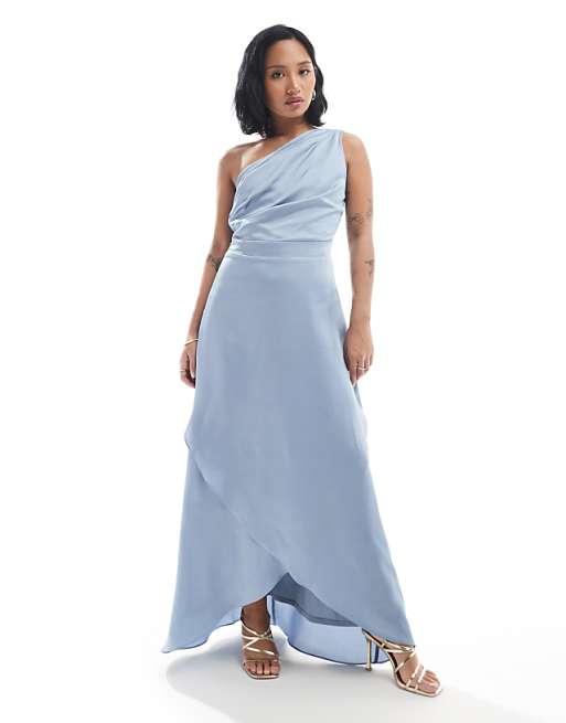asos TFNC Petite Bridesmaid one shoulder satin maxi dress with wrap skirt in dusty blue