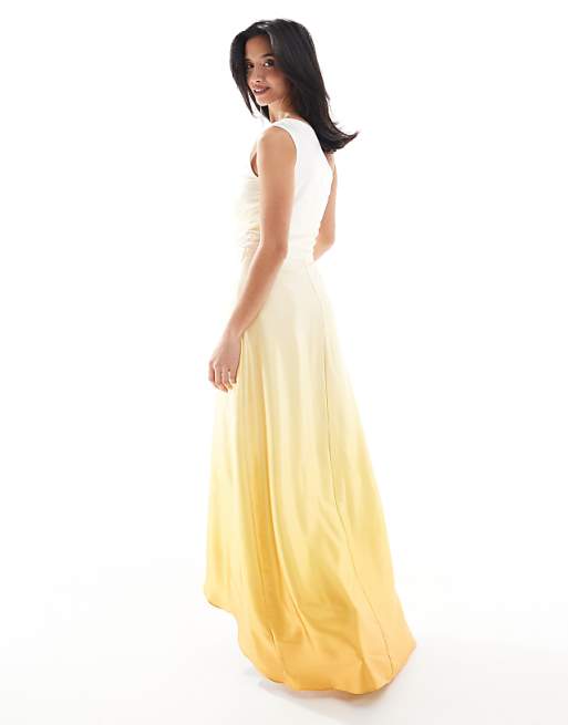 Asos TFNC Petite Bridesmaid One Shoulder Satin Maxi Dress With Wrap Skirt In Lemon