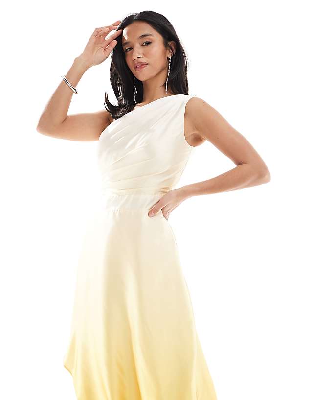 Asos TFNC Petite Bridesmaid One Shoulder Satin Maxi Dress With Wrap Skirt In Lemon