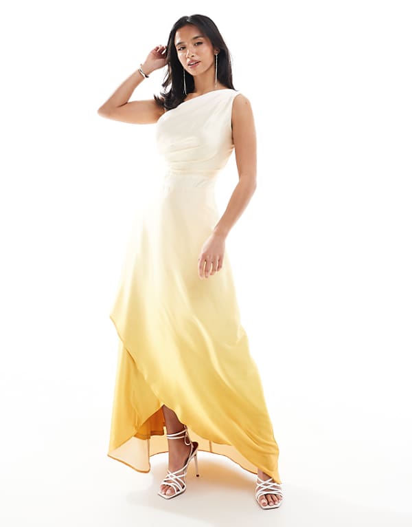 asos TFNC Petite Bridesmaid one shoulder satin maxi dress with wrap skirt in lemon
