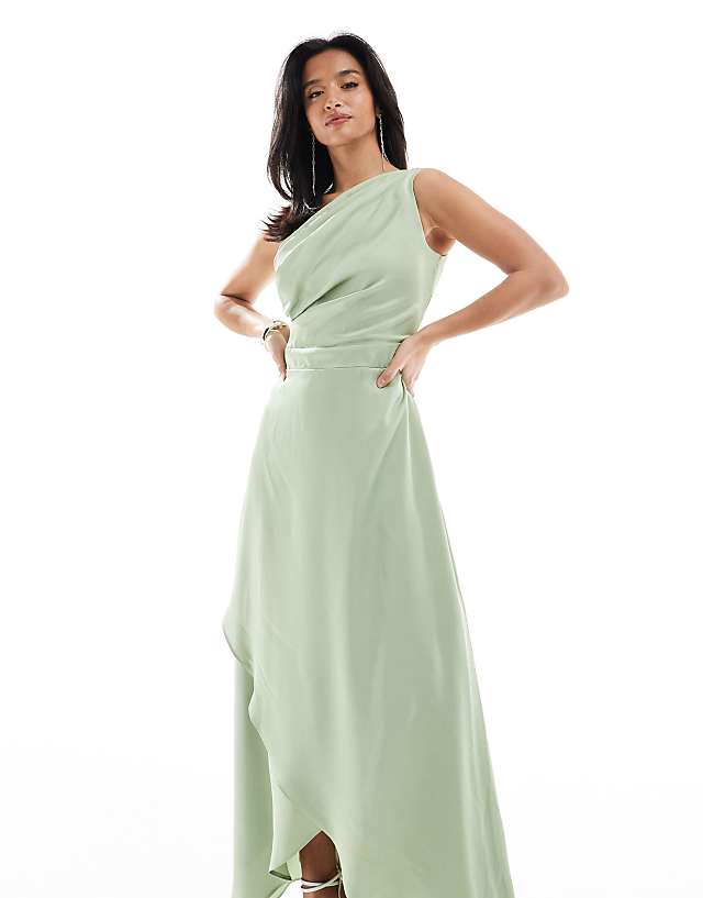 Asos TFNC Petite Bridesmaid One Shoulder Satin Maxi Dress With Wrap Skirt In Sage Green