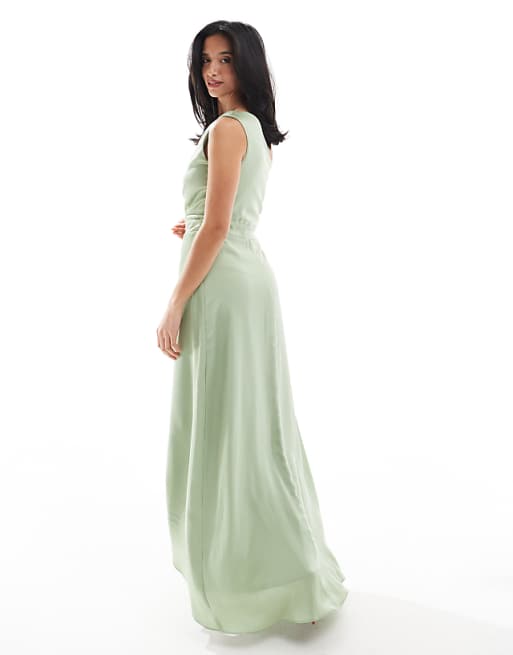 Asos TFNC Petite Bridesmaid One Shoulder Satin Maxi Dress With Wrap Skirt In Sage Green