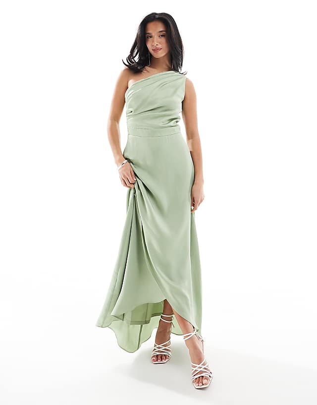 asos TFNC Petite Bridesmaid one shoulder satin maxi dress with wrap skirt in sage green