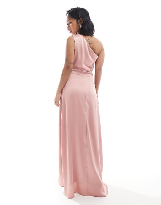 Asos TFNC Petite Bridesmaid One Shoulder Satin Maxi Dress With Wrap Skirt In Dusky Pink