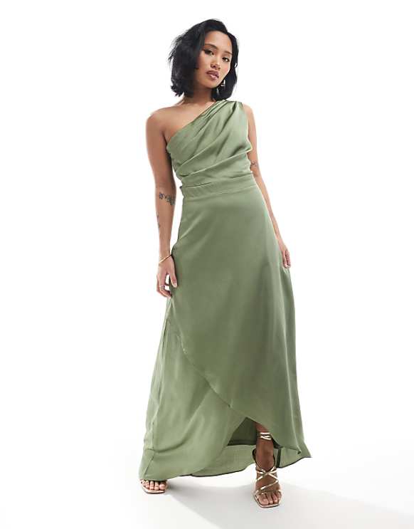asos TFNC Petite Bridesmaid one shoulder satin maxi dress with wrap skirt in dark green