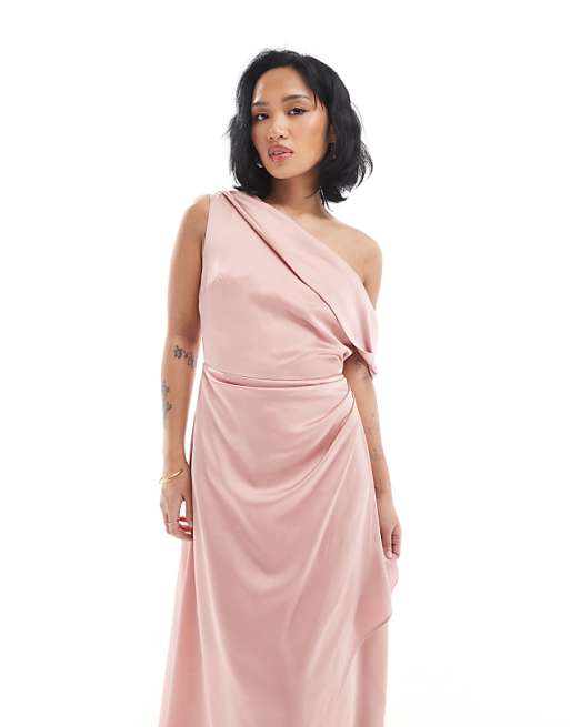 Asos TFNC Petite Bridesmaid Satin Fallen Shoulder Maxi Dress With Wrap Skirt In Dusky Pink