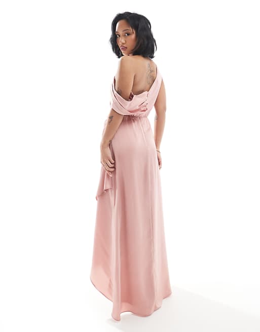Asos TFNC Petite Bridesmaid Satin Fallen Shoulder Maxi Dress With Wrap Skirt In Dusky Pink