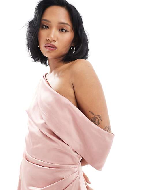Asos TFNC Petite Bridesmaid Satin Fallen Shoulder Maxi Dress With Wrap Skirt In Dusky Pink